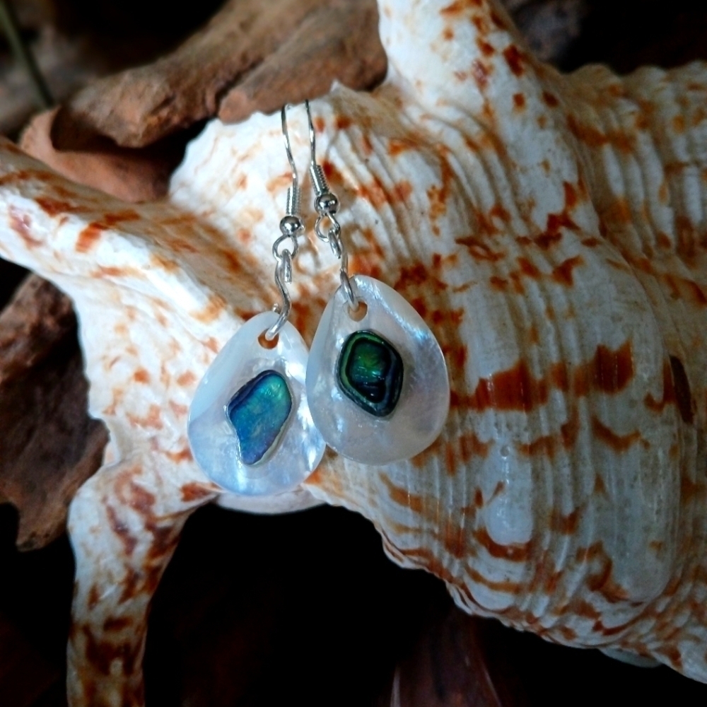 Sterling silver Freshwater Teardrop shell piece with abalone drop earrings